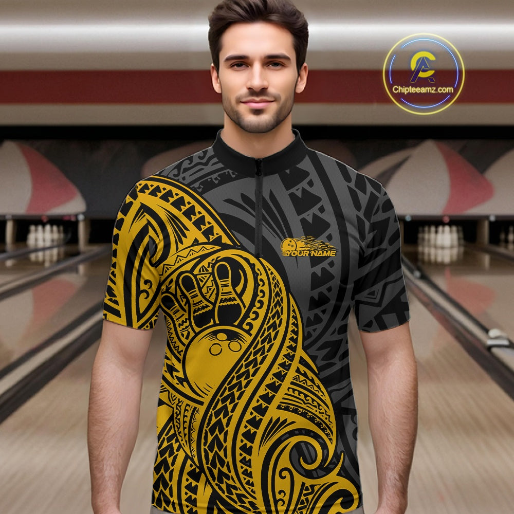Man wearing a black and yellow quarter zip shirt featuring tribal pattern bowling graphics