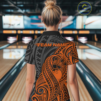 Custom Black And Orange Maori Style Koru Spiral Tribal Women Bowling Polo Team Shirt IPHW10954