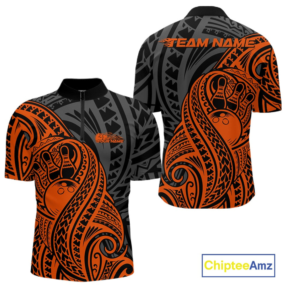 Orange and black bowling quarter zip shirt featuring tribal pattern bowling design