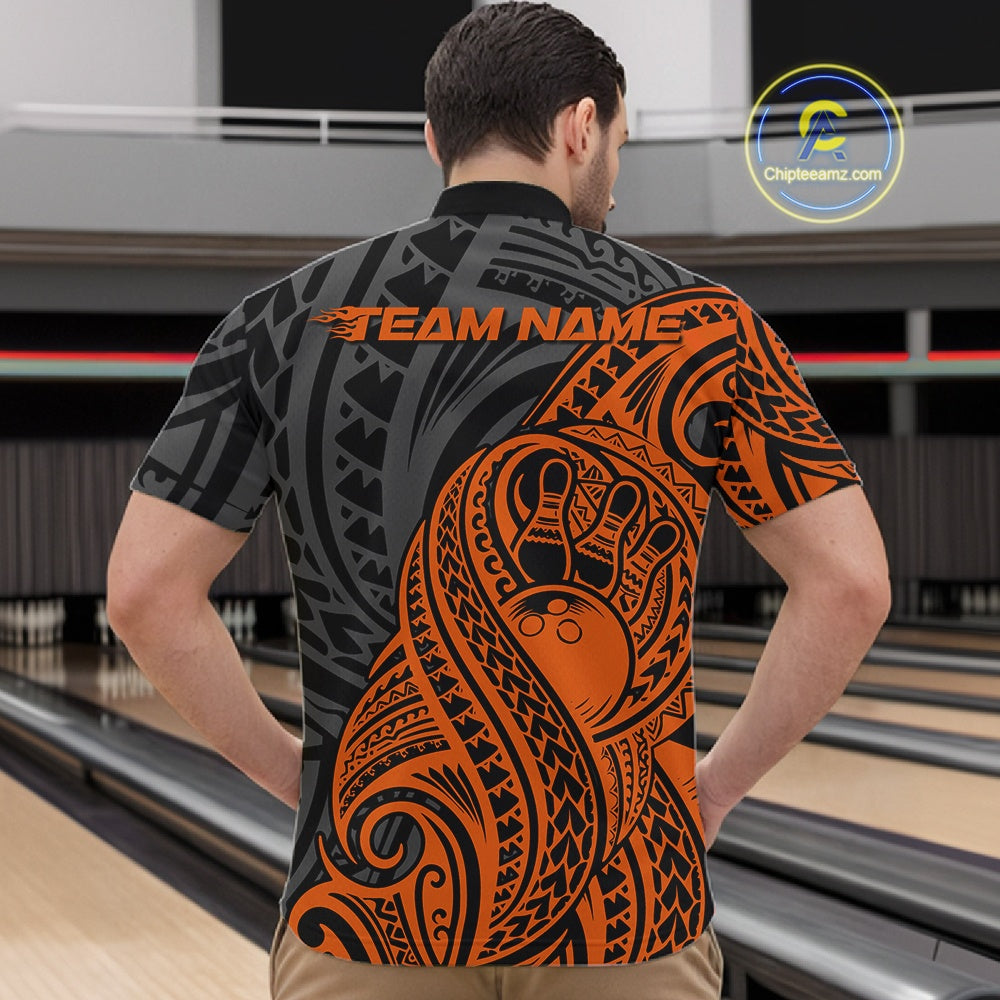 Person wearing a bowling shirt bowling quarter zip shirt featuring tribal pattern bowling design