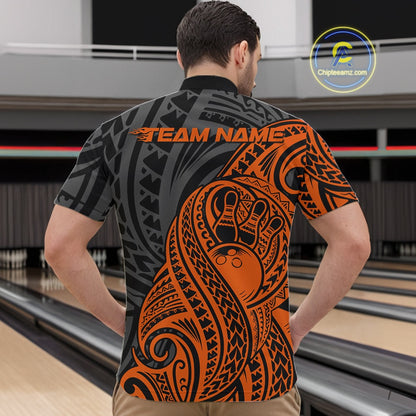 Person wearing a bowling shirt bowling quarter zip shirt featuring tribal pattern bowling design