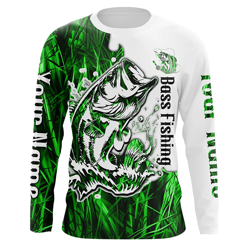 Custom Largemouth Bass Fishing Long Sleeve Tournament Shirts, Bass Fishing League Shirt | Green Camo IPHW6382