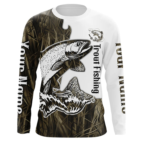 Custom Trout Fishing Long Sleeve Tournament Shirts, Trout Fishing League Shirt | Grass Camo IPHW6387