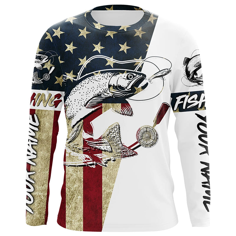 Vintage American Flag Custom Trout Fly Fishing Shirts, Patriotic Trout Fishing Jerseys IPHW6392