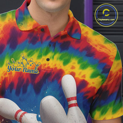 Custom Colorful Tie Dye Bowling Polo Shirts For Men, Rainbow Bowling Outfit IPHW9114