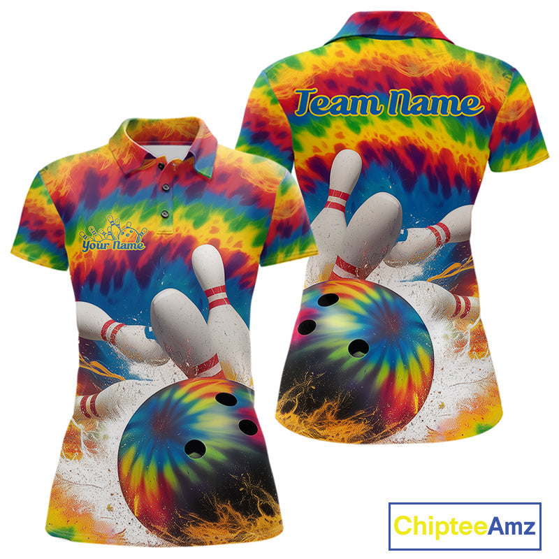 Custom Colorful Tie Dye Bowling Polo Shirts For Women, Rainbow Bowling Outfit IPHW9114