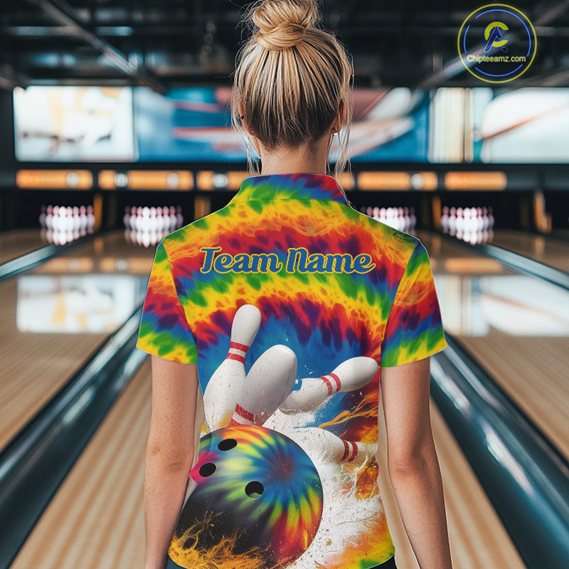 Custom Colorful Tie Dye Bowling Quarter-Zip Shirts For Women, Rainbow Bowling Outfit IPHW9114