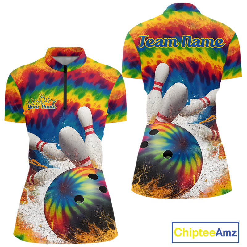 Custom Colorful Tie Dye Bowling Quarter-Zip Shirts For Women, Rainbow Bowling Outfit IPHW9114