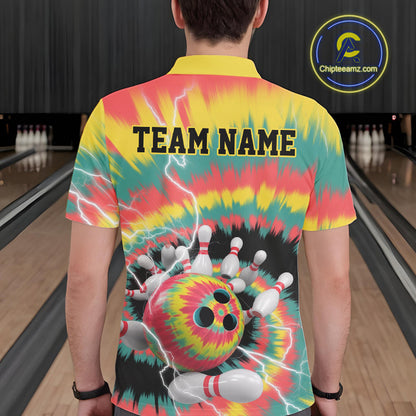 Custom Colorful Tie Dye Bowling Polo Shirts For Men, Rainbow Bowling Outfit IPHW9115