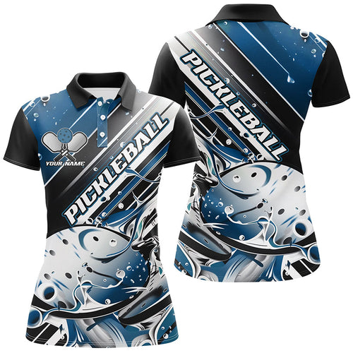 Custom Ladies Pickleball Polo Shirts, Black And Blue Pickleball Outfit Pickleball Shirts IPHW6931