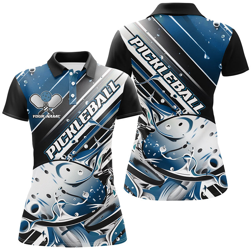 Custom Ladies Pickleball Polo Shirts, Black And Blue Pickleball Outfit Pickleball Shirts IPHW6931