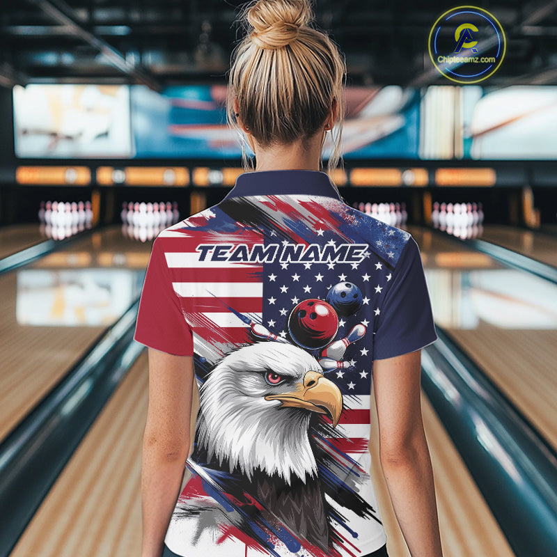 Custom Patriotic Eagle Bowling Shirts For Women, US Flag Bowling League Team Shirt IPHW9476