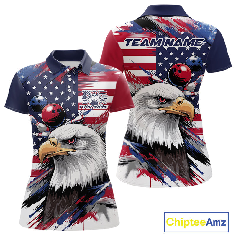 Custom Patriotic Eagle Bowling Shirts For Women, US Flag Bowling League Team Shirt IPHW9476