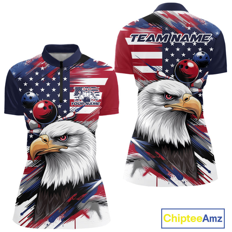 Custom Patriotic Eagle Bowling Shirts For Women, US Flag Bowling League Team Shirt IPHW9476