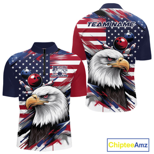 Custom Patriotic Eagle Bowling Shirts For Men, US Flag Bowling League Team Shirt IPHW9476