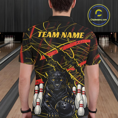 Custom Black, Gold And Red Claw Marks Black Panther Bowling Men Polo Team Shirt IPHW11635