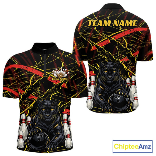Custom bowling-themed short-sleeve polo shirt shown from both front and back views. The design features a black background with yellow and red abstract lines, a large black panther holding a bowling ball, bowling pins, and customizable text placeholders 'TEAM NAME' and 'YOUR NAME'.