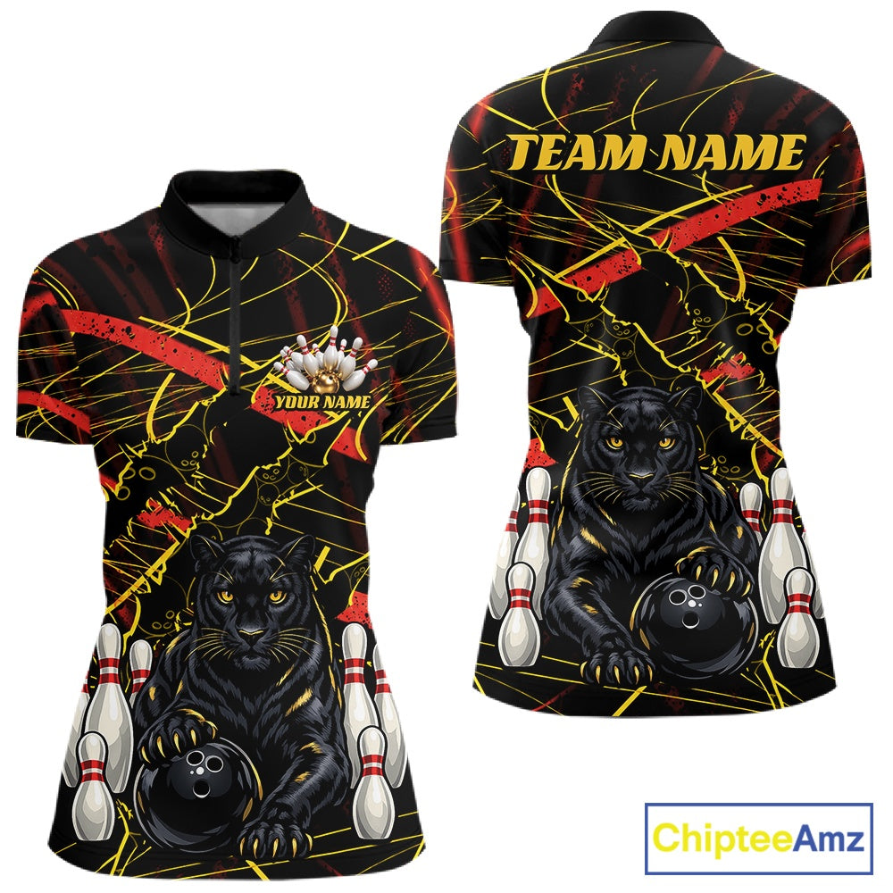 Custom Black, Gold And Red Claw Marks Black Panther Bowling Women Quarter-Zip Team Shirt IPHW11635