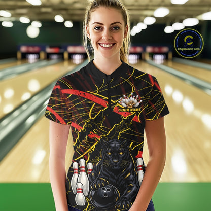 Custom Black, Gold And Red Claw Marks Black Panther Bowling Women Quarter-Zip Team Shirt IPHW11635