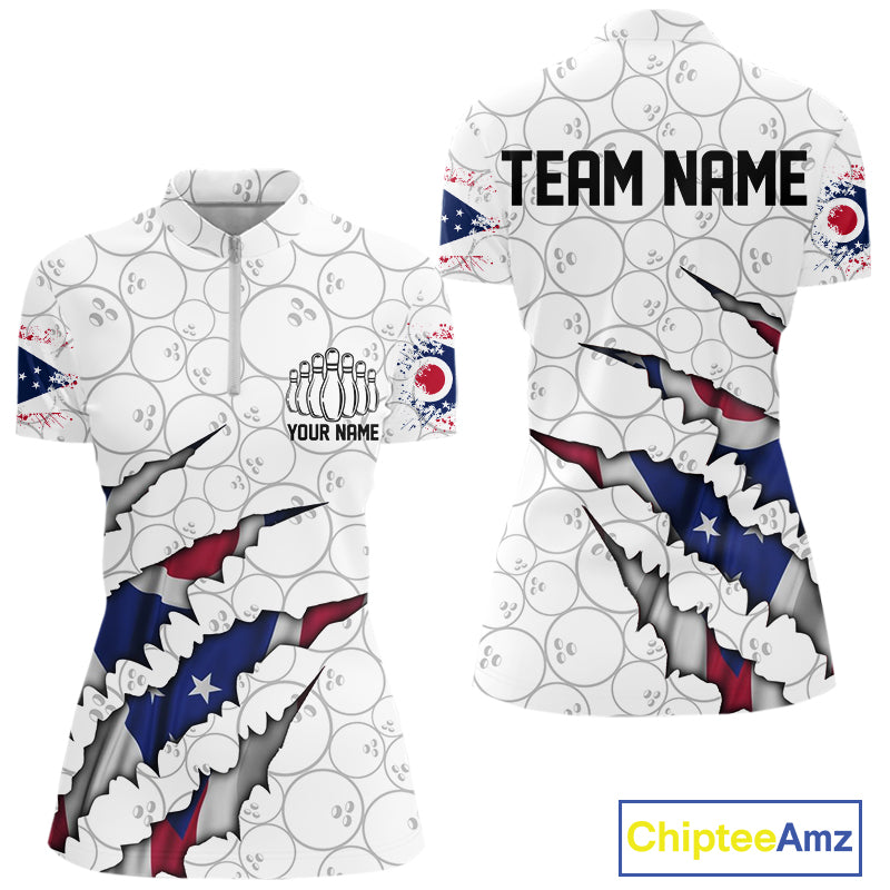 Custom Ohio Flag Bowling Team Quarter-Zip Shirts For Women, Ohio Bowling League Shirt IPHW9835