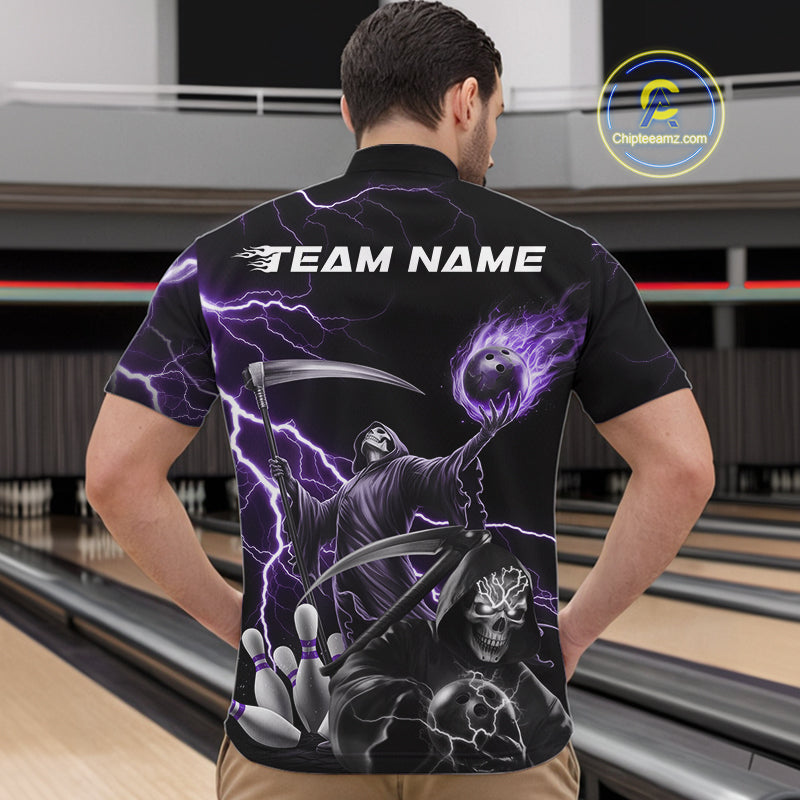 Custom Purple Lightning Grim Reaper Skull Bowling Men Quarter-Zip Shirt, Halloween Outfit IPHW9849