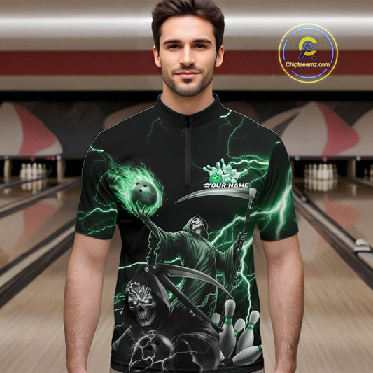 Custom Green Lightning Grim Reaper Skull Bowling Men Quarter-Zip Shirt, Halloween Outfit IPHW9850