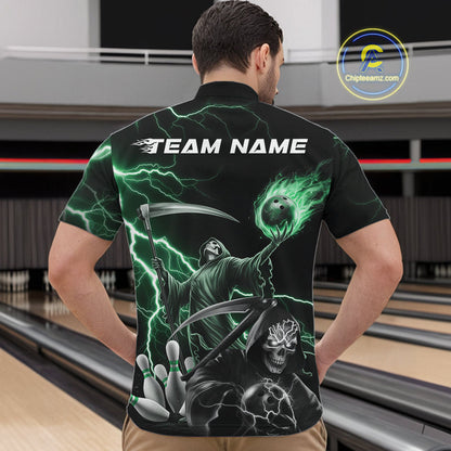 Custom Green Lightning Grim Reaper Skull Bowling Men Quarter-Zip Shirt, Halloween Outfit IPHW9850