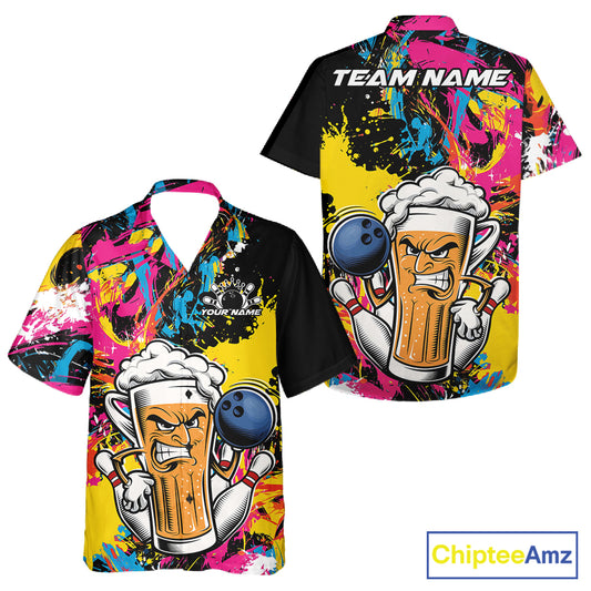 Custom Colorful Paint Splatter Funny Bowling Beer Men And Women Button Up Shirt, Bowling Jersey IPHW12170