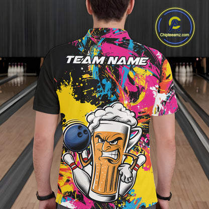 Custom Colorful Paint Splatter Funny Bowling Beer Men Polo Shirt, Bowling Jersey IPHW12170