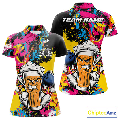 Custom Colorful Paint Splatter Funny Bowling Beer Women Polo Shirt, Bowling Jersey IPHW12170