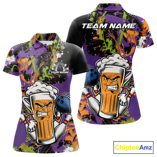 Custom Halloween Vibe Colorful Splatter Funny Bowling Beer Women Polo Shirt IPHW12171