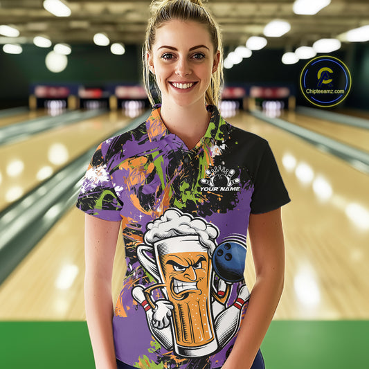 Custom Halloween Vibe Colorful Splatter Funny Bowling Beer Women Polo Shirt IPHW12171