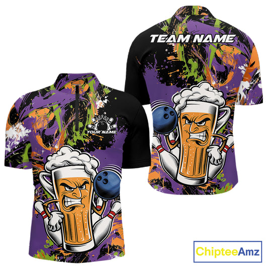 Custom Halloween Vibe Colorful Splatter Funny Bowling Beer Men Quarter Zip Shirt IPHW12171