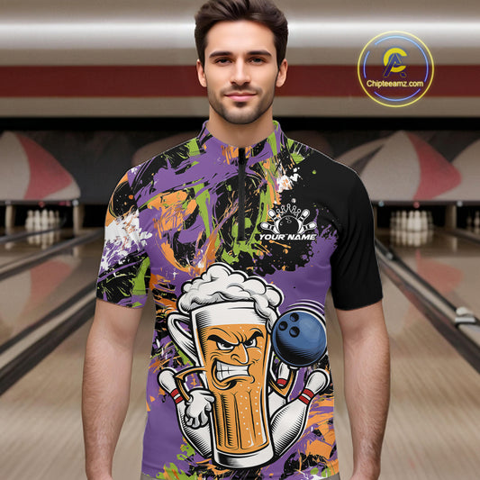 Custom Halloween Vibe Colorful Splatter Funny Bowling Beer Men Quarter Zip Shirt IPHW12171