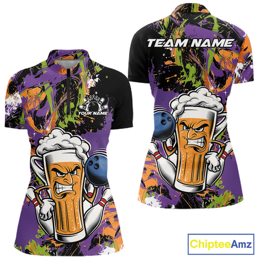 Custom Halloween Vibe Colorful Splatter Funny Bowling Beer Women Quarter-Zip Shirt IPHW12171