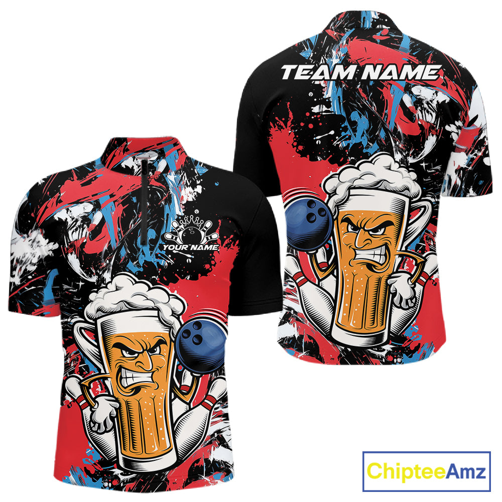 Custom Patriotic Vibe Colorful Splatter Funny Bowling Beer Men Quarter Zip Shirt IPHW12172