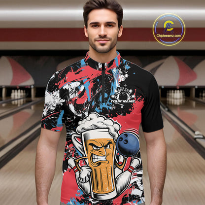 Custom Patriotic Vibe Colorful Splatter Funny Bowling Beer Men Quarter Zip Shirt IPHW12172