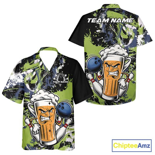 Custom Black And Green Splatter Funny Bowling Beer Men And Women Button Up Shirt, Bowling Jersey IPHW12173