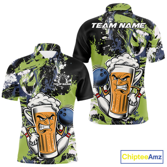 Custom Black And Green Splatter Funny Bowling Beer Men Polo Shirt, Bowling Jersey IPHW12173
