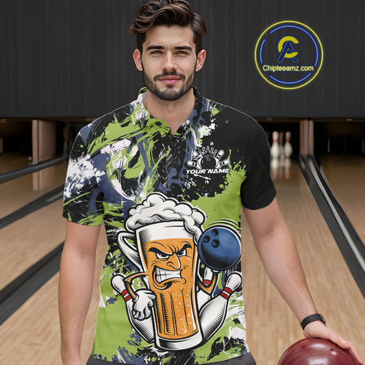 Custom Black And Green Splatter Funny Bowling Beer Men Polo Shirt, Bowling Jersey IPHW12173