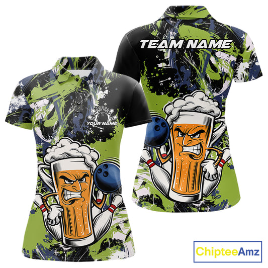 Custom Black And Green Splatter Funny Bowling Beer Women Polo Shirt, Bowling Jersey IPHW12173