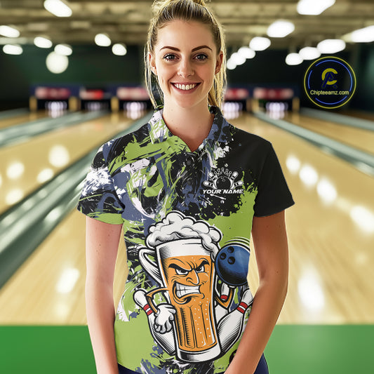 Custom Black And Green Splatter Funny Bowling Beer Women Polo Shirt, Bowling Jersey IPHW12173