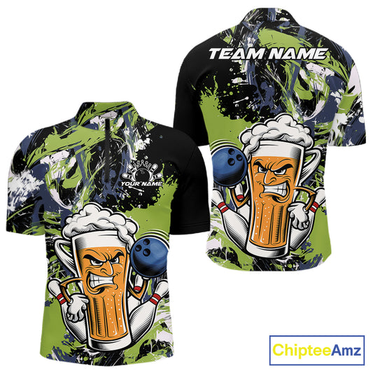 Custom Black And Green Splatter Funny Bowling Beer Men Quarter Zip Shirt, Bowling Jersey IPHW12173