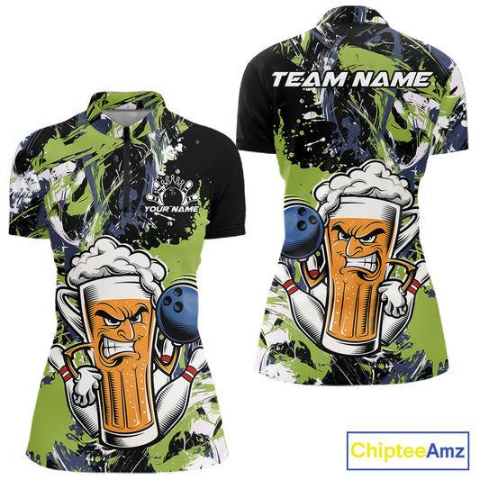 Custom Black And Green Splatter Funny Bowling Beer Women Quarter-Zip Shirt IPHW12173