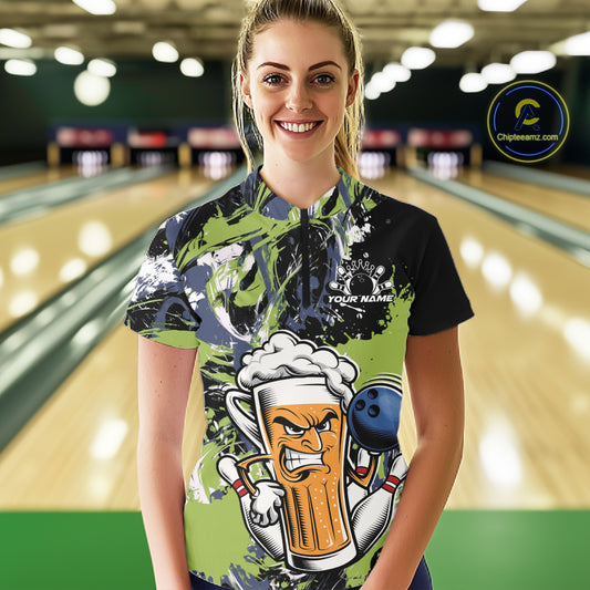 Custom Black And Green Splatter Funny Bowling Beer Women Quarter-Zip Shirt IPHW12173