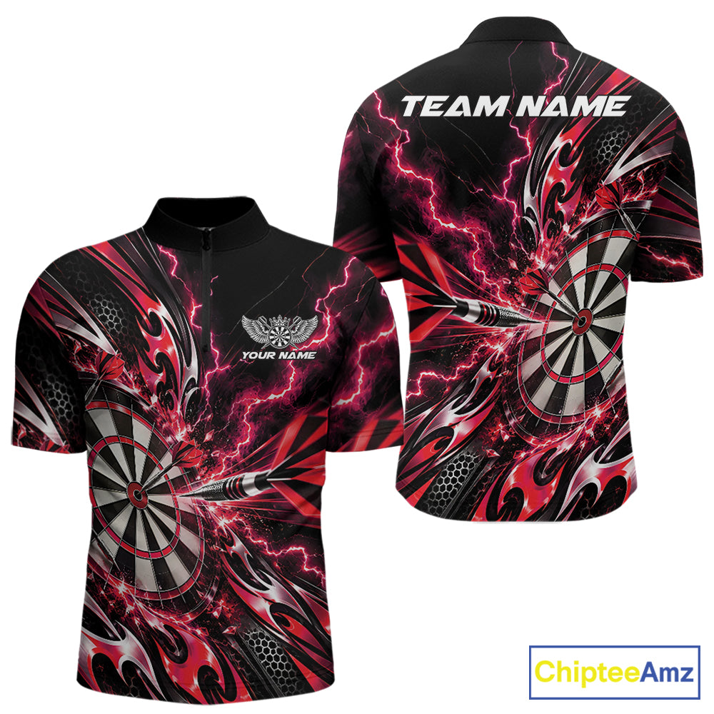 Custom Red Tribal Lightning Dart Quarter Zip Shirt For Men, Dart Team Tournament Shirt IPHW12604