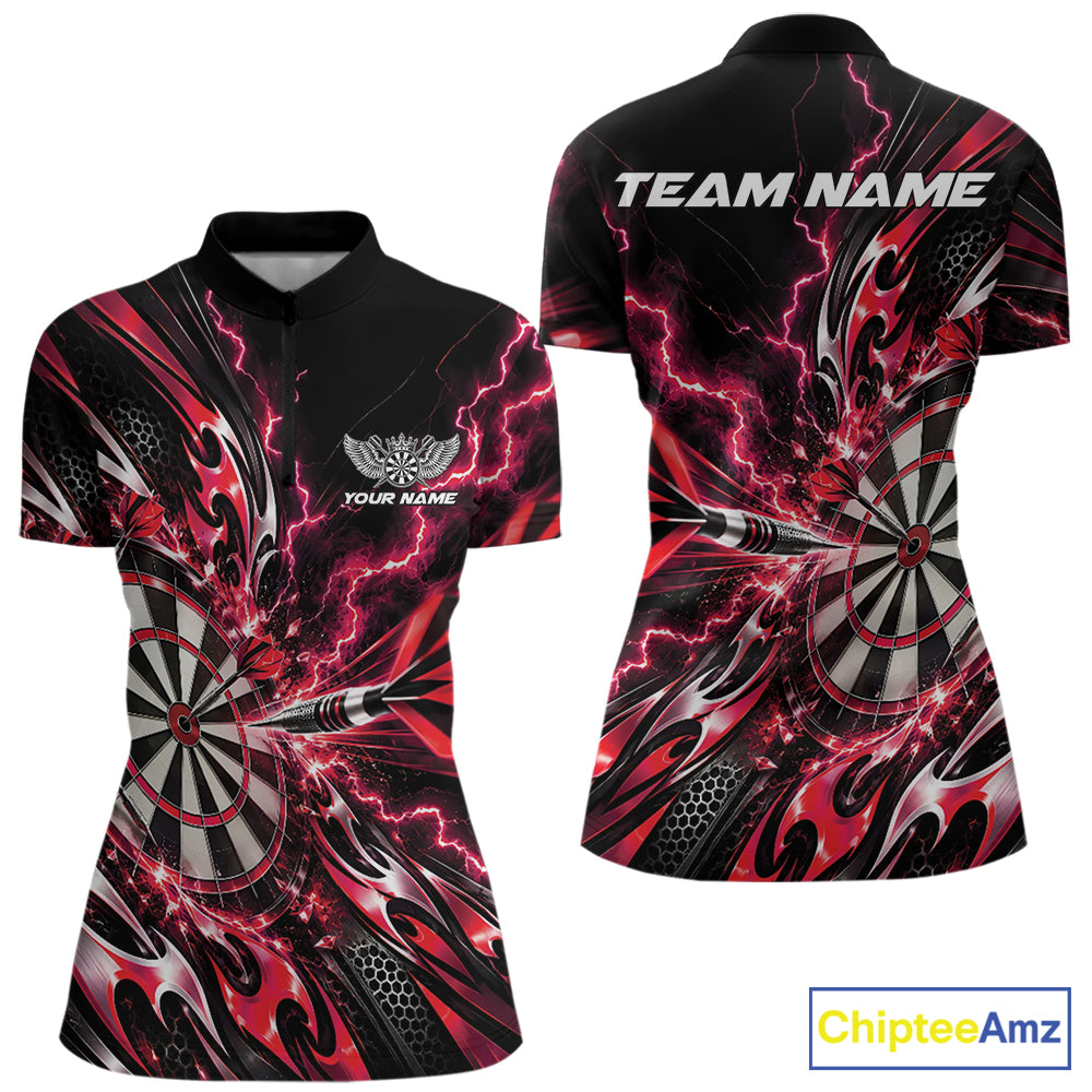 Custom Red Tribal Lightning Dart Quarter-Zip Shirt For Women, Dart Team Tournament Shirt IPHW12604