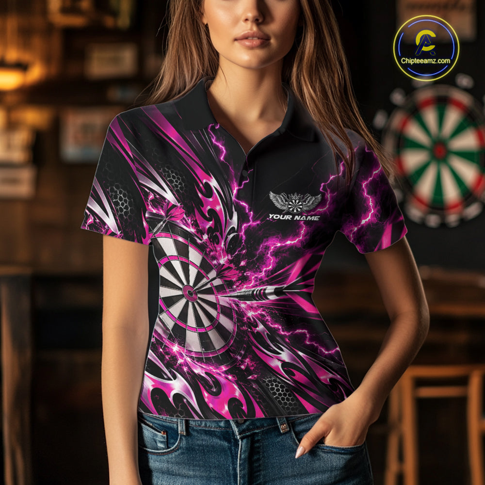 Custom Pink Tribal Lightning Dart Polo Shirt For Women, Dart Team Tournament Shirt IPHW12605