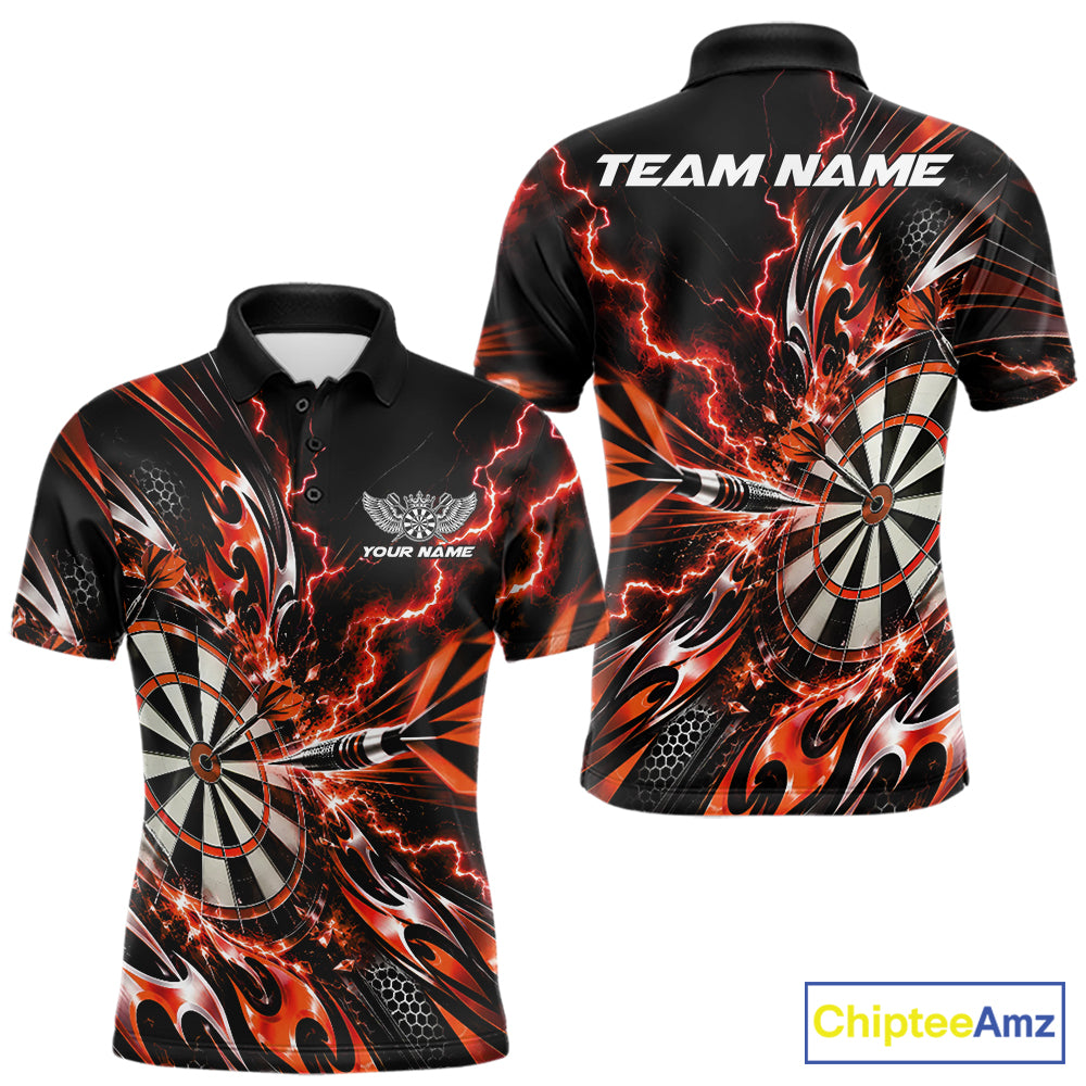 Custom Orange Tribal Lightning Dart Polo Shirt For Men, Dart Team Tournament Shirt IPHW12607