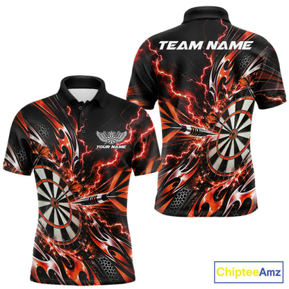 Custom Orange Tribal Lightning Dart Polo Shirt For Men, Dart Team Tournament Shirt IPHW12607